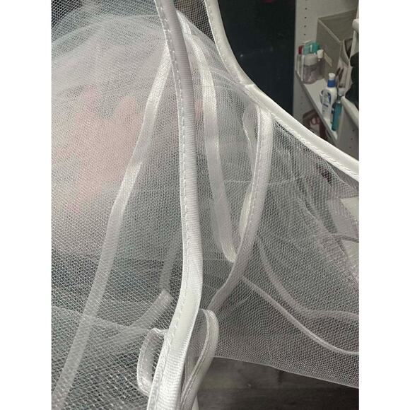 New White Satin Ribbon Trimmed Bridal Veil Mesh Comb Medium Vegan Wedding Party - Picture 3 of 3